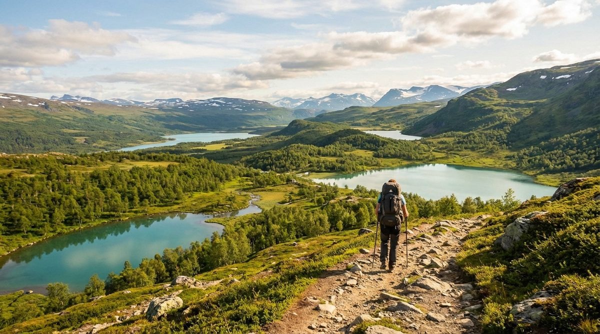Vandrare vid en sjö i svenska fjällen